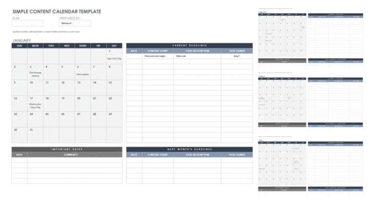 Three different sample views of a Smartsheet template, including a monthly calendar, list view, and multiple months shown with lists side-by-side.Â
